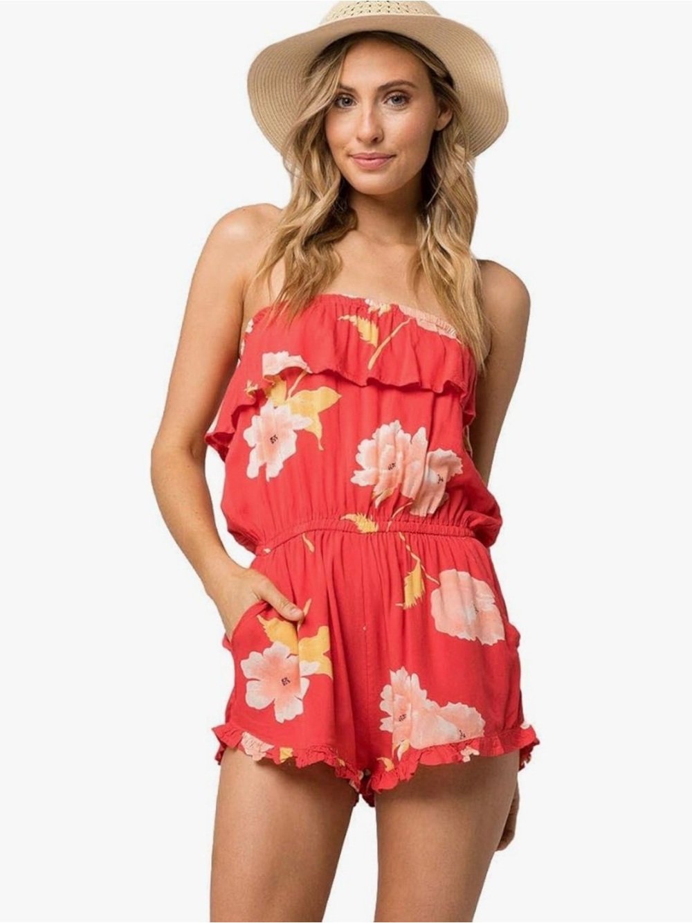 Billabong Women's Red Pocket Flower Strapless Romper Ruffle Top Size XS